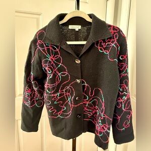 Vintage Coldwater Creek Black Cardigan with Pink and Blue Textured  Swirls